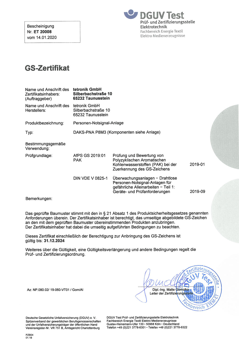 DGUV certificate for DAKS-PNA P8SL