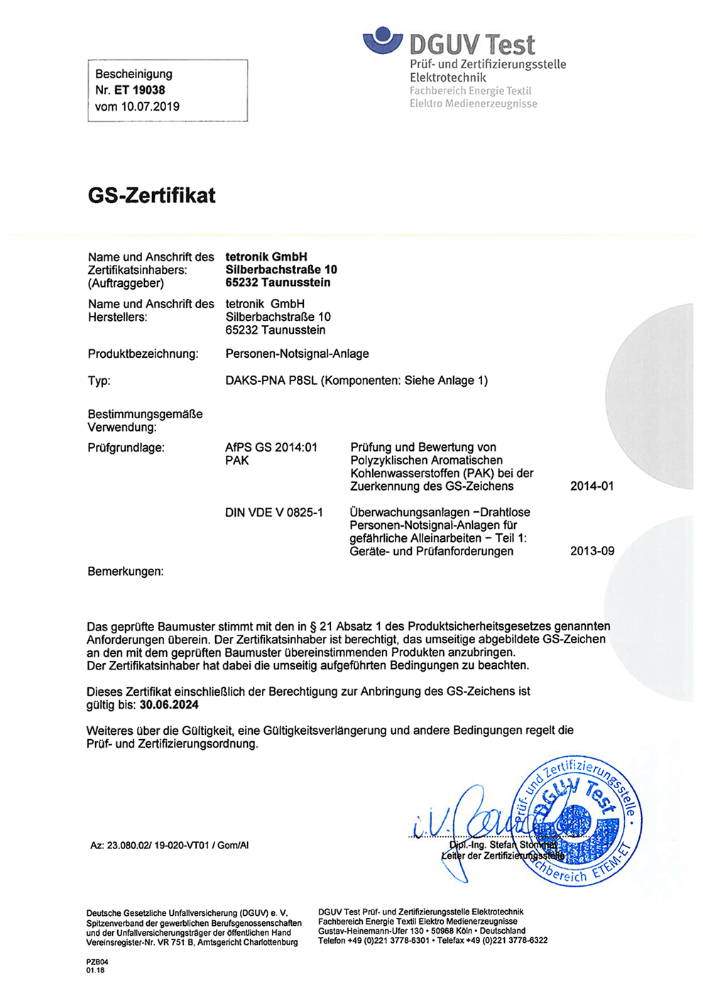 DGUV certificate for DAKS-PNA P8SL