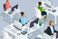 Support staff on the phone in an open-plan office