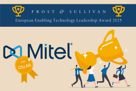 Mitel-Logo, an dem ein goldenes Abzeichen mit der Aufschrift "mit OScAR" hängt; daneben eine isometrische Darstellung von Menschen, die einen großen Pokal tragen