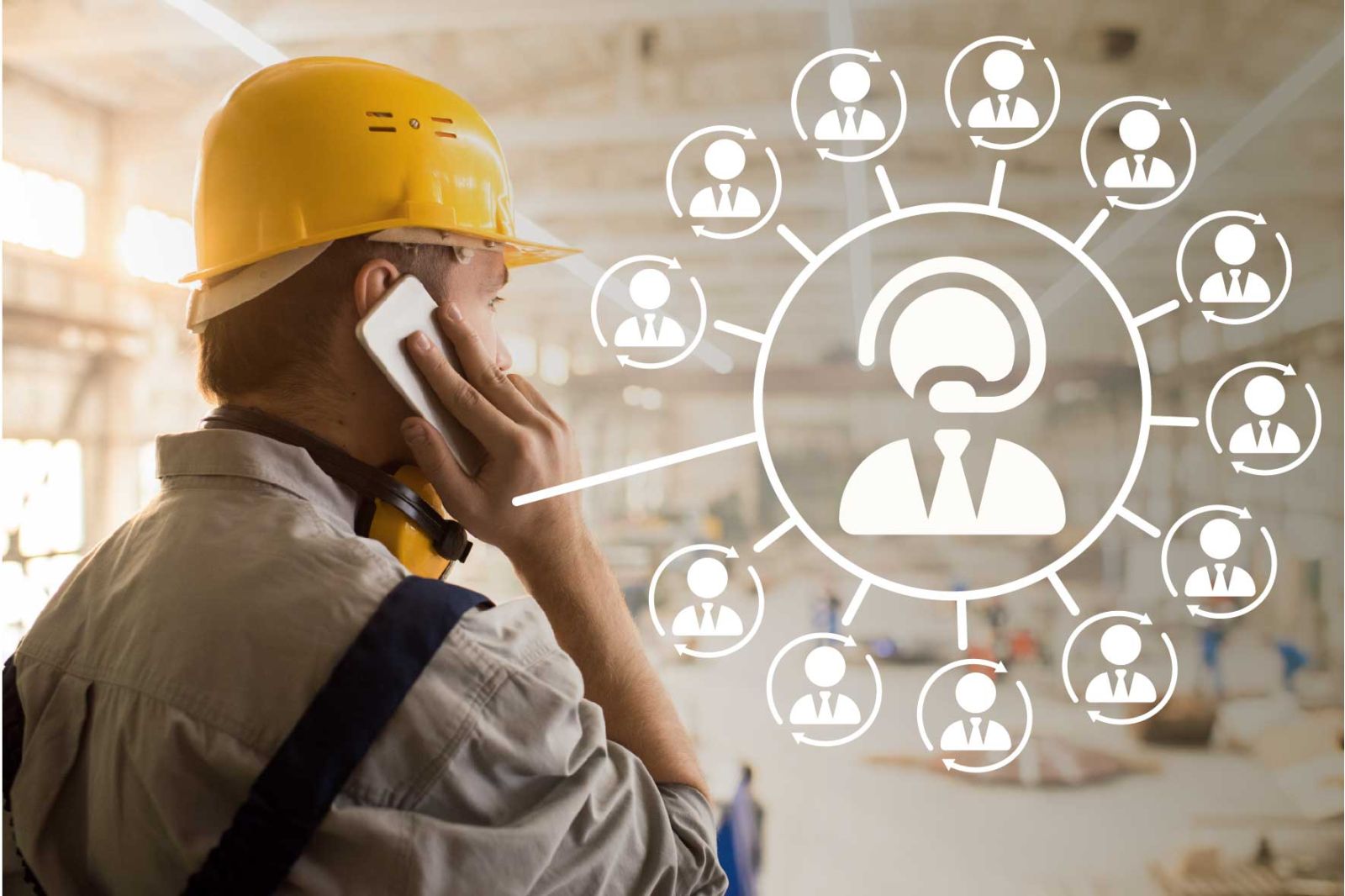 Worker with yellow hard hat talking on the phone, next to it a diagram of several conference participants