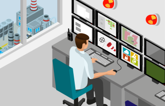 Control center employee sits in front of several screens