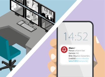 Zweigeteiltes Bild: links ein Arbeitsplatz mit vielen Bildschirmen, rechts ein Close-Up von einem Handy mit einer Alarmmeldung