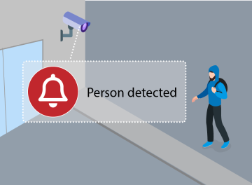A surveillance camera on the front of a house detects a person wearing a backpack and hoodie