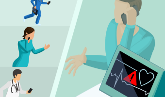 Pfleger neben Patientenmonitor mit rotem Ausrufezeichen auf dem Bildschirm rechts im Bild, drei in seine Richtung laufende medizinische Fachkräfte links im Bild