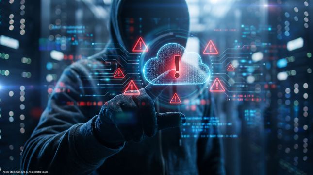 Eine Person in einem Kapuzenpulli interagiert mit einer digitalen Wolke, die mit Warnsymbolen versehen ist und Cybersicherheitsrisiken symbolisiert.