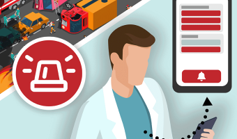 Ein Arzt blickt auf sein Telefon, auf dem ein Dashboard angezeigt wird; links oben ist ein Unfall zu sehen und das Symbol einer Signalleuchte