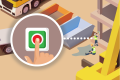 Construction site scene with two construction workers; one is sitting and holding his leg, the other is standing and pressing a button. One section of the image shows a close-up of the hand pressing the button.