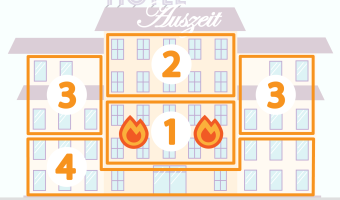 Hotelgebäude, unterteilt in verschiedene durchnummerierte Bereiche