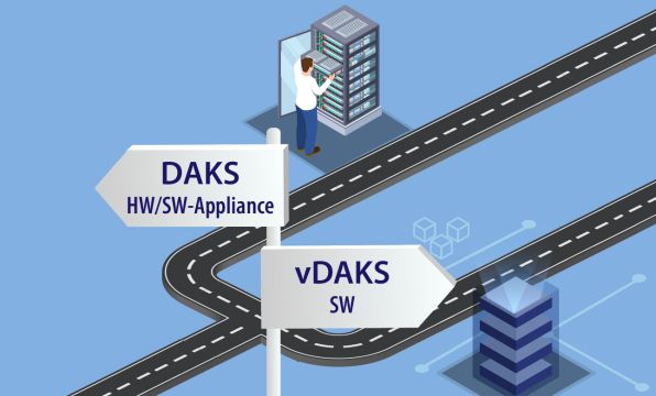 Signpost saying "DAKS HW/SW Appliance" to the left and "vDAKS SW" to the right in front of a fork in the road