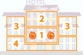 Hotel building, divided into different numbered areas
