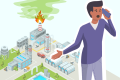Desperate citizen on the phone, green gas escaping from the burning chimney of a chemical plant in the background