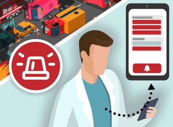 Ein Arzt blickt auf sein Telefon, auf dem ein Dashboard angezeigt wird; links oben ist ein Unfall zu sehen und das Symbol einer Signalleuchte