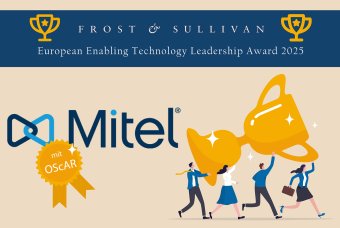 Mitel-Logo, an dem ein goldenes Abzeichen mit der Aufschrift "mit OScAR" hängt; daneben eine isometrische Darstellung von Menschen, die einen großen Pokal tragen