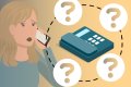 Woman talking on mobile phone next to a telephone surrounded by four question marks