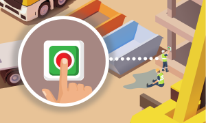 Construction site scene with two construction workers; one is sitting and holding his leg, the other is standing and pressing a button. One section of the image shows a close-up of the hand pressing the button.