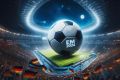 Oversized soccer ball standing on the pitch of a packed stadium