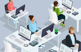 Support staff on the phone in an open-plan office