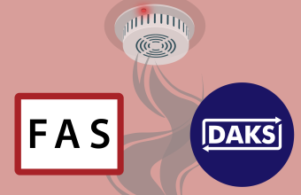 Fire Alarm System and DAKS logo in front of a fire detector and rising smoke