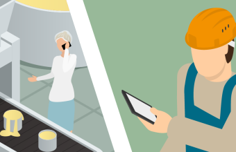 An employee in a food factory stands at the assembly line talking on the phone; in the right section of the picture, a technician wearing a helmet looks at his phone