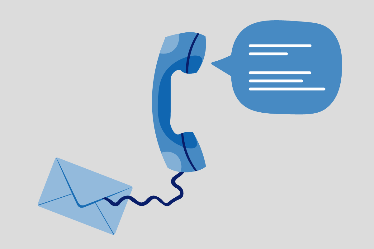 Telefonhörer, dessen Kabel aus einem Briefumschlag wächst; rechts: Sprechblase kommt aus Telefonhörer