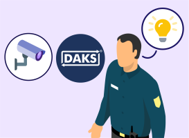 Schematic representation of a security guard; a surveillance camera and the DAKS logo in circles to his left and a circle with a glowing light bulb to his right