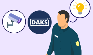 Überwachungskamera- und DAKS-Symbole führen zu Sicherheitsbeauftragtem mit Idee (Glühbirne)