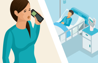 Krankenschwester mit DECT-Telefon links, Patient in seinem Bett rechts