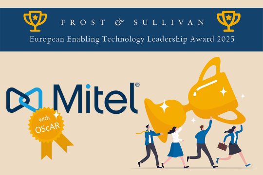 Mitel logo, on which hangs a golden badge with the inscription “with OScAR”; next to it an isometric depiction of people carrying a large trophy