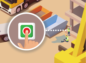 Baustellenszene mit zwei Bauarbeitern; einer sitzt und greift sich ans Bein, der andere steht und dr&uuml;ckt auf einen Knopf. Ein Bildabschnitt zeigt eine Nahaufnahme von der Hand, die den Knopf bet&auml;tigt.